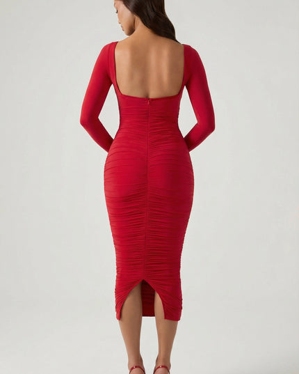 Red Layered Bra-Detail Ruched Midaxi Dress