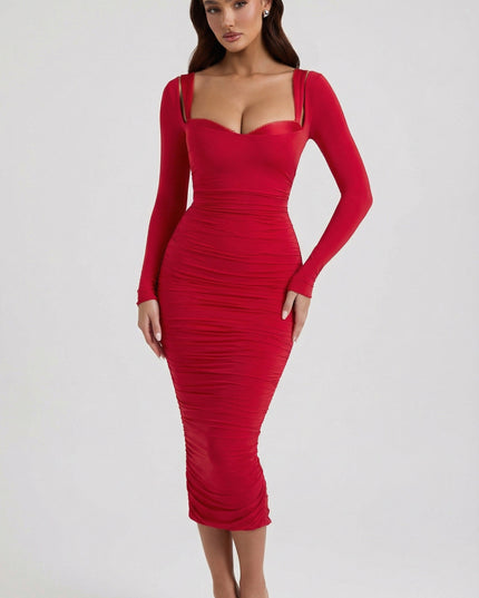 Red Layered Bra-Detail Ruched Midaxi Dress