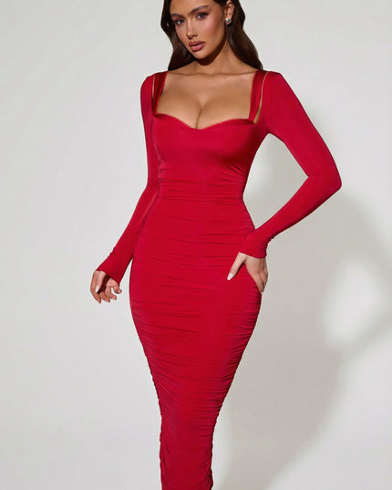 Red Layered Bra-Detail Ruched Midaxi Dress