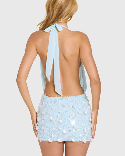 Aqua Embellished Skirt Chiffon Mini Dress