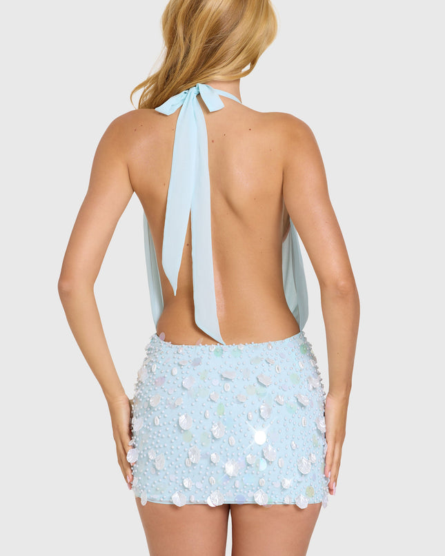 Aqua Embellished Skirt Chiffon Mini Dress
