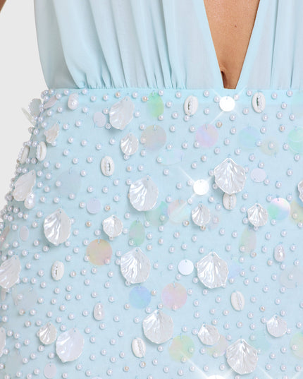 Aqua Embellished Skirt Chiffon Mini Dress