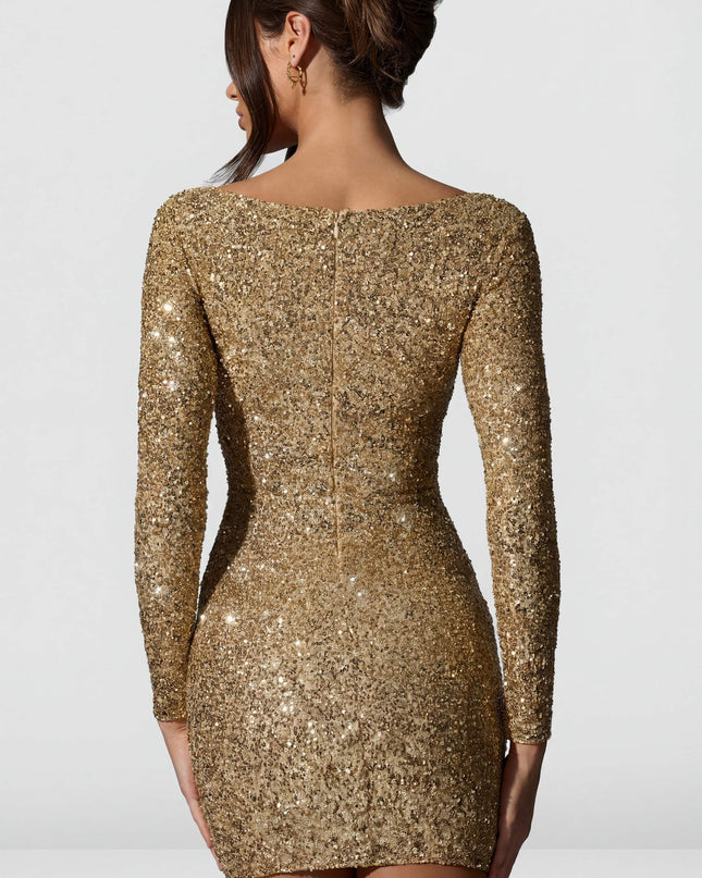 Gold Embellished Sweetheart-Neck Mini Dress