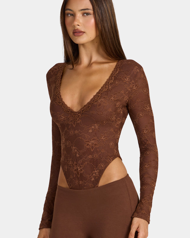 Cocoa Brown Lace Long-Sleeve Bodysuit
