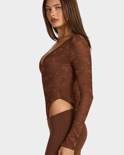 Cocoa Brown Lace Long-Sleeve Bodysuit