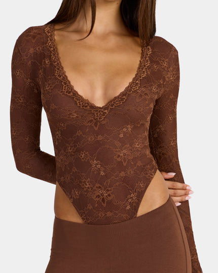 Cocoa Brown Lace Long-Sleeve Bodysuit