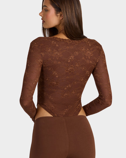Cocoa Brown Lace Long-Sleeve Bodysuit