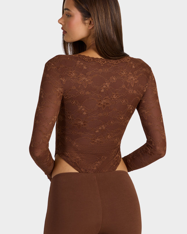 Cocoa Brown Lace Long-Sleeve Bodysuit