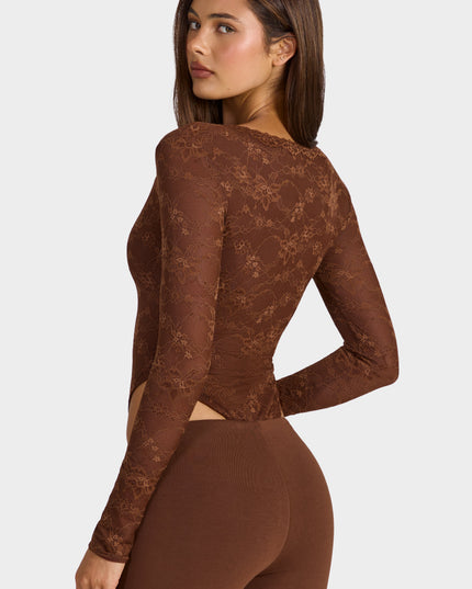Cocoa Brown Lace Long-Sleeve Bodysuit