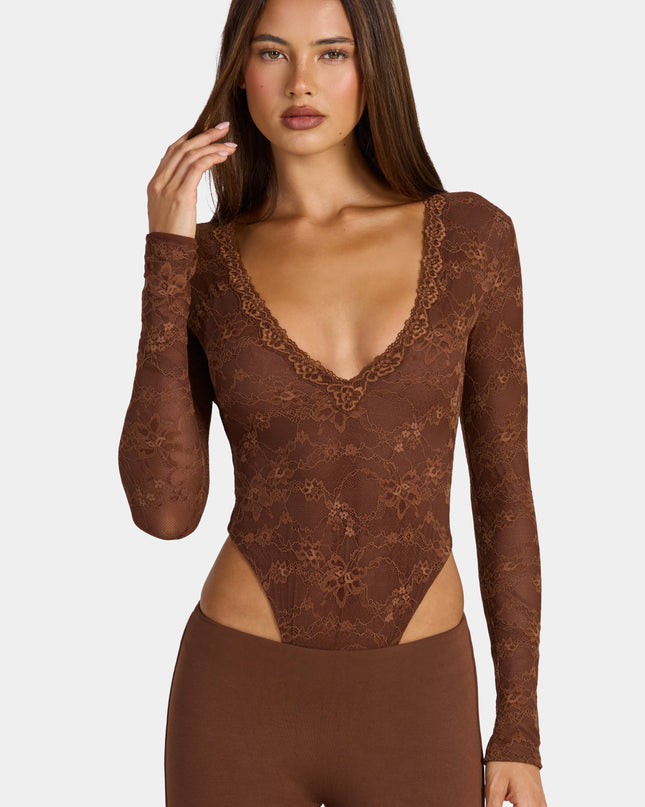 Cocoa Brown Lace Long-Sleeve Bodysuit