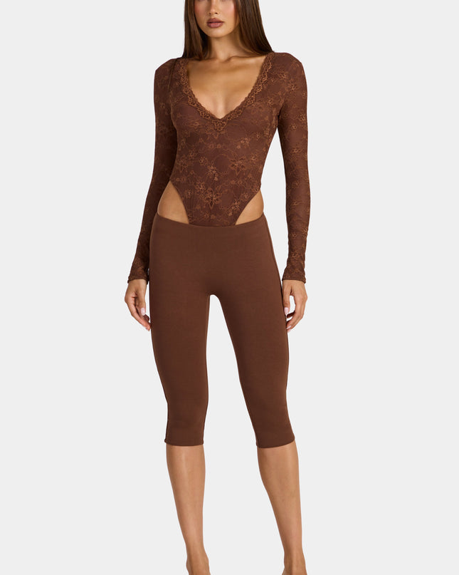 Cocoa Brown Lace Long-Sleeve Bodysuit