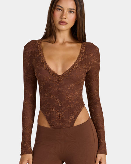 Cocoa Brown Lace Long-Sleeve Bodysuit