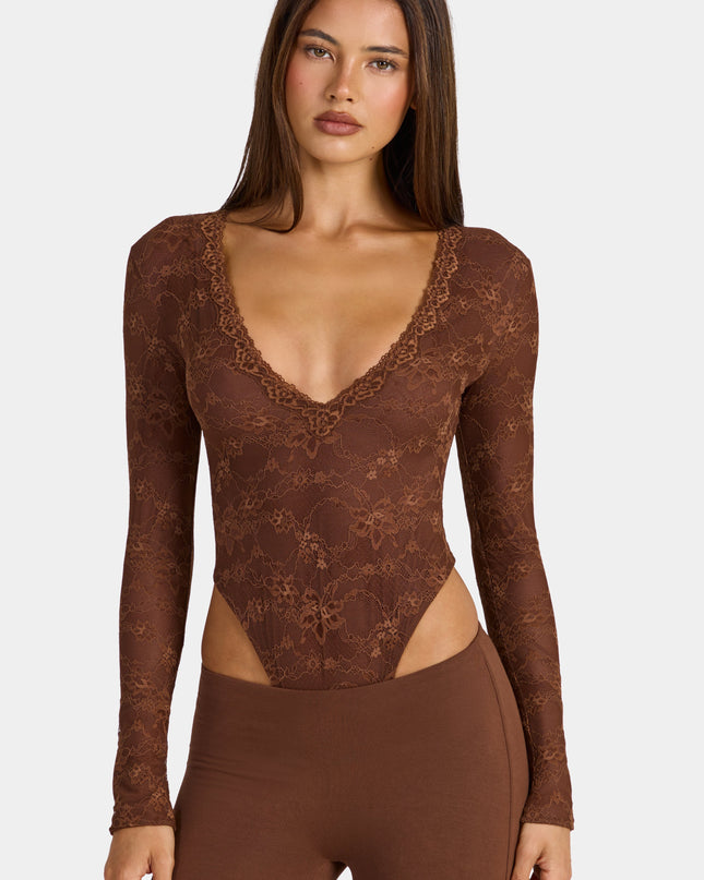 Cocoa Brown Lace Long-Sleeve Bodysuit