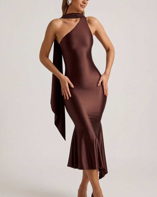 Chocolate Brown Asymmetric Scarf-Detail Midaxi Dress