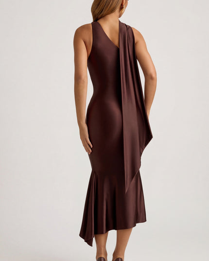 Chocolate Brown Asymmetric Scarf-Detail Midaxi Dress