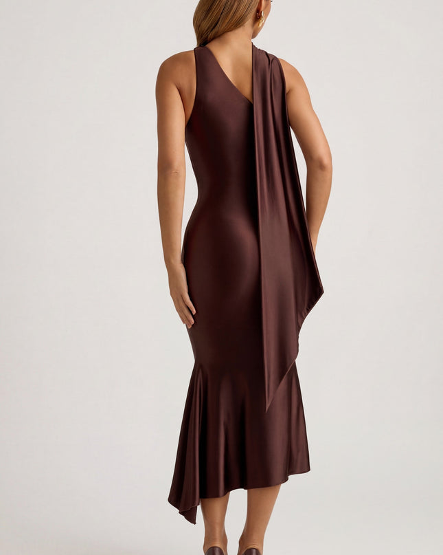 Chocolate Brown Asymmetric Scarf-Detail Midaxi Dress