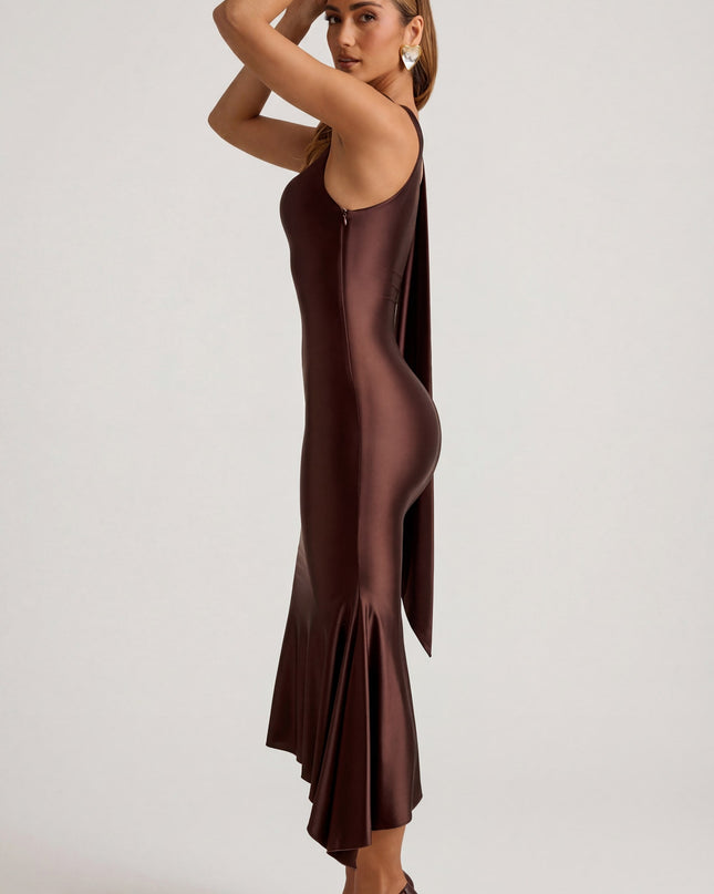 Chocolate Brown Asymmetric Scarf-Detail Midaxi Dress