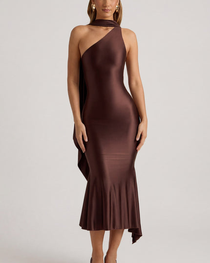 Chocolate Brown Asymmetric Scarf-Detail Midaxi Dress