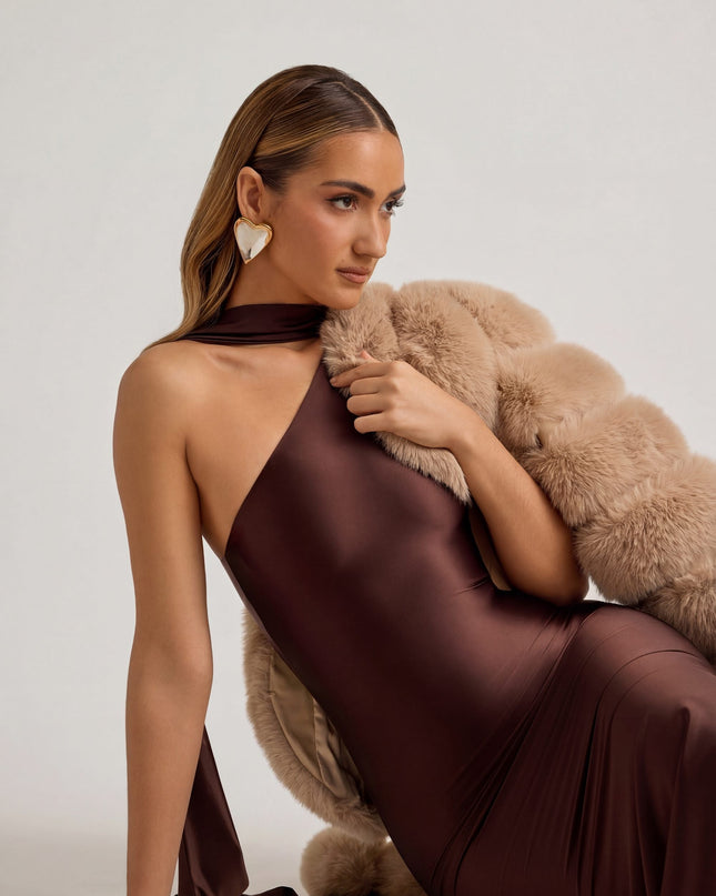 Chocolate Brown Asymmetric Scarf-Detail Midaxi Dress