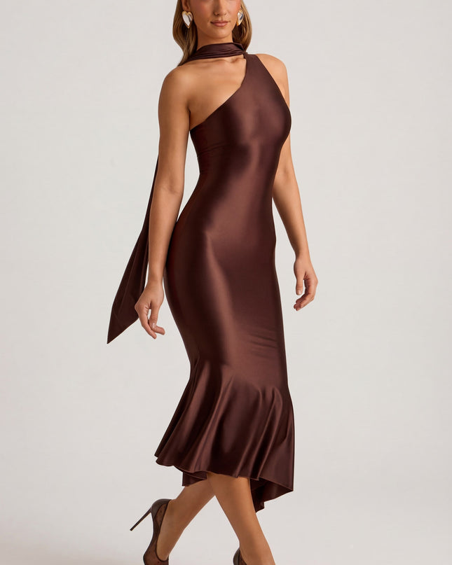 Chocolate Brown Asymmetric Scarf-Detail Midaxi Dress