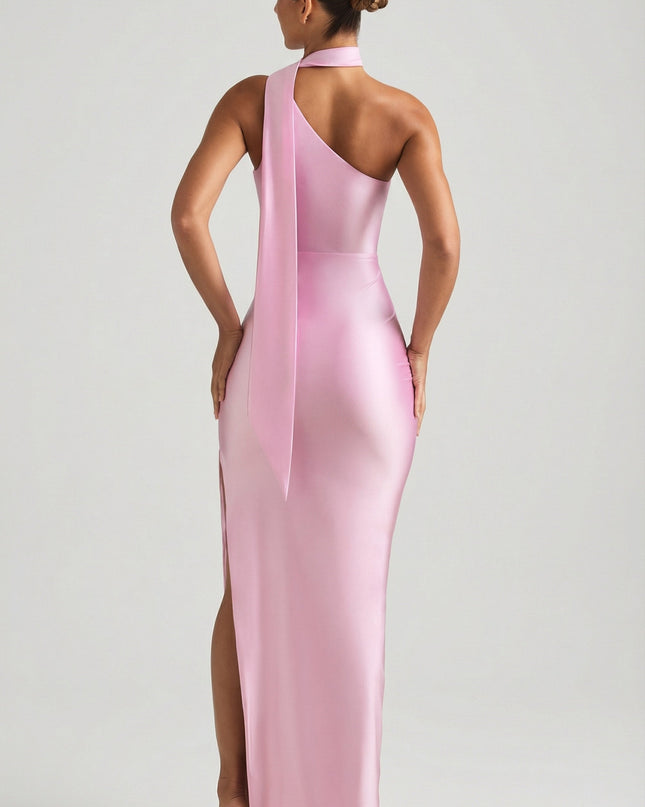 Candyfloss Pink Asymmetric Scarf-Detail Maxi Dress