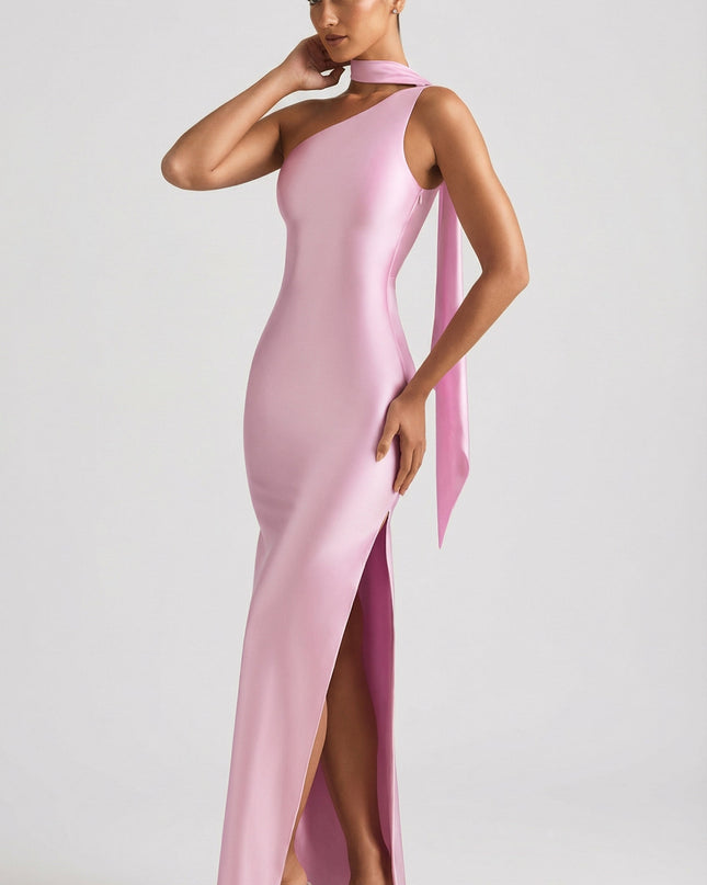 Candyfloss Pink Asymmetric Scarf-Detail Maxi Dress