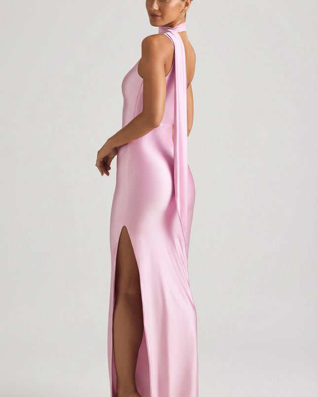 Candyfloss Pink Asymmetric Scarf-Detail Maxi Dress