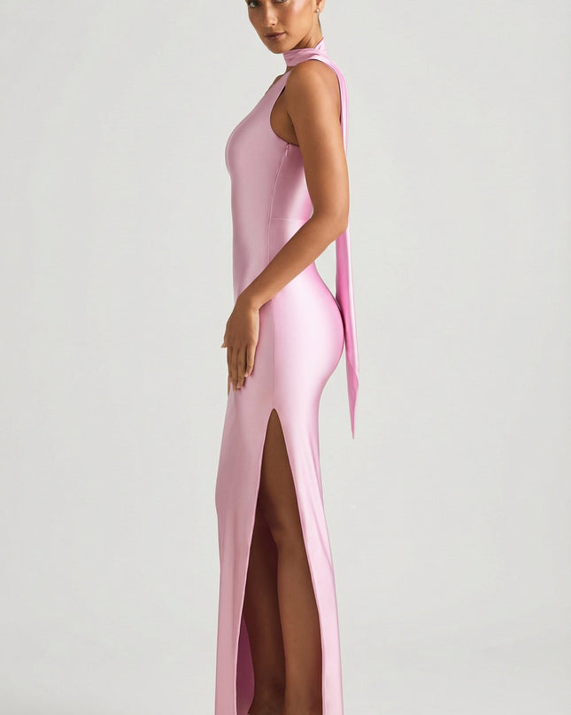 Candyfloss Pink Asymmetric Scarf-Detail Maxi Dress