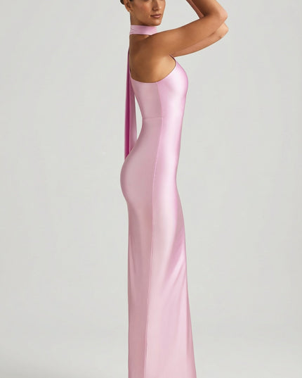 Candyfloss Pink Asymmetric Scarf-Detail Maxi Dress