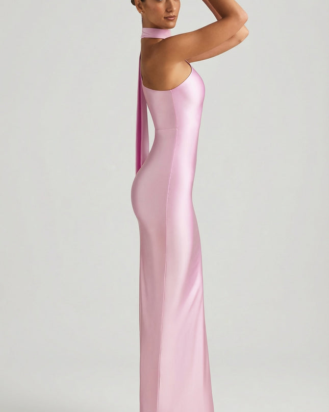 Candyfloss Pink Asymmetric Scarf-Detail Maxi Dress