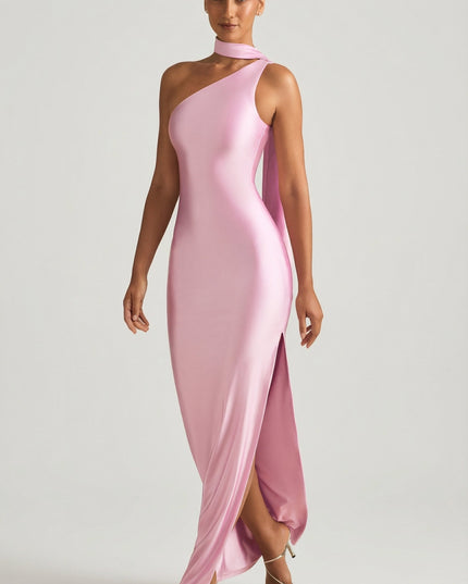 Candyfloss Pink Asymmetric Scarf-Detail Maxi Dress
