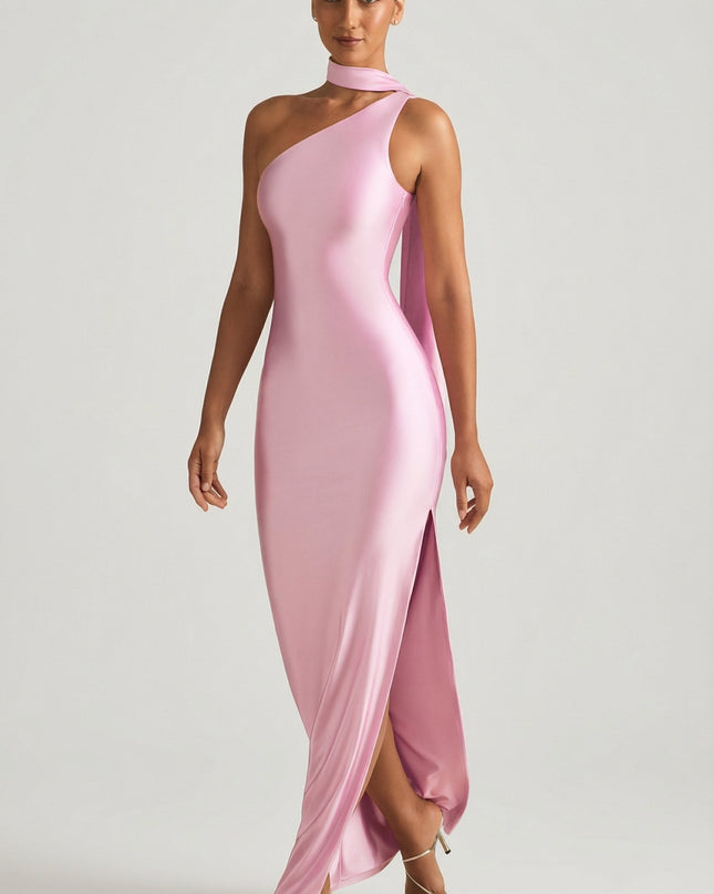 Candyfloss Pink Asymmetric Scarf-Detail Maxi Dress
