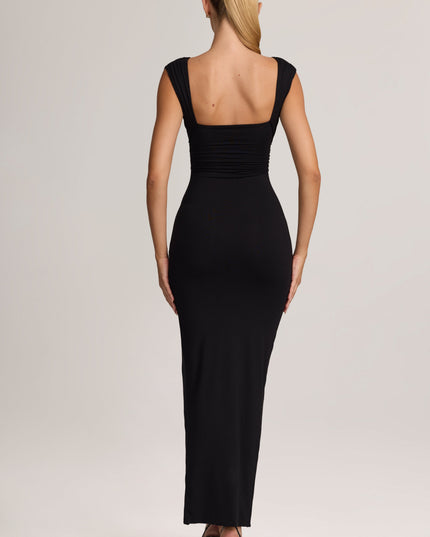 Black High Split Plunge Neck Maxi Dress