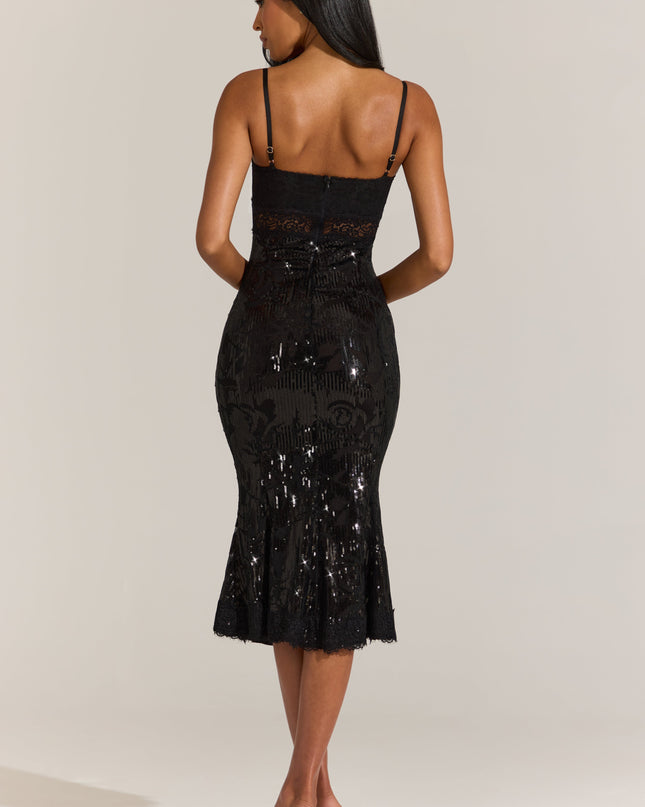 Black Embellished Lace-Trim Midi Dress