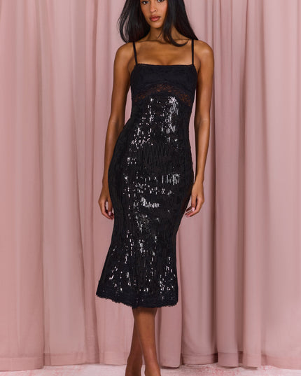 Black Embellished Lace-Trim Midi Dress