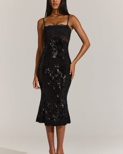 Black Embellished Lace-Trim Midi Dress