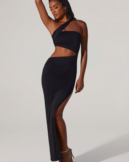 Black Asymmetric Neckline Ruched Cut Out Maxi Dress