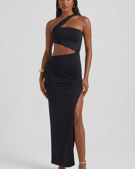 Black Asymmetric Neckline Ruched Cut Out Maxi Dress