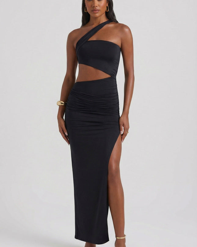 Black Asymmetric Neckline Ruched Cut Out Maxi Dress