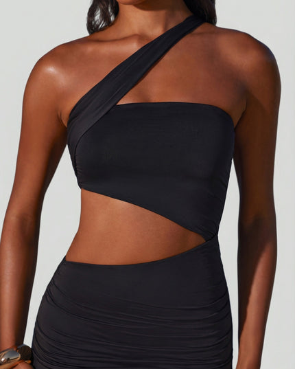 Black Asymmetric Neckline Ruched Cut Out Maxi Dress