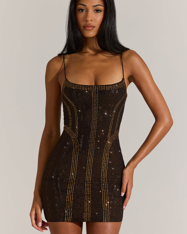 Bronze Embellished Scoop-Neck Mini Dress