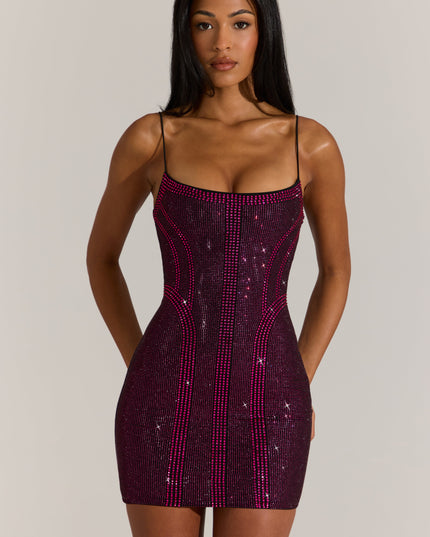Fuchsia Pink Embellished Scoop-Neck Mini Dress