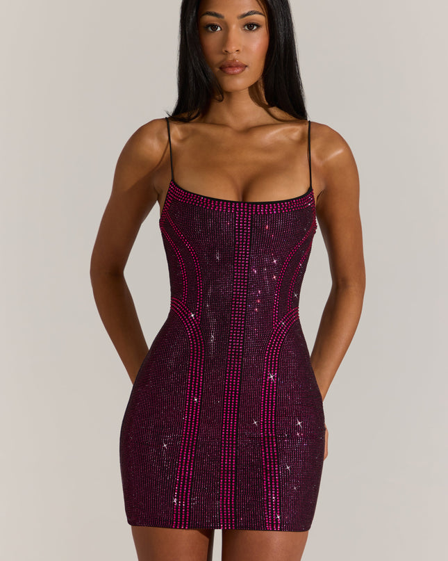Fuchsia Pink Embellished Scoop-Neck Mini Dress