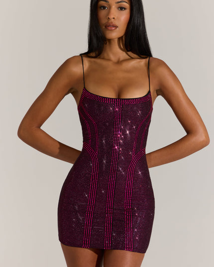 Fuchsia Pink Embellished Scoop-Neck Mini Dress