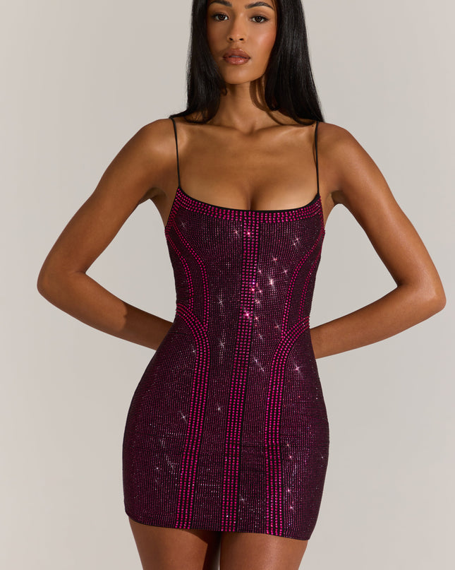 Fuchsia Pink Embellished Scoop-Neck Mini Dress