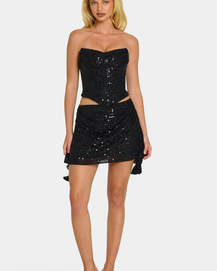 Black Embellished Draped Mid-Rise Mini Skirt