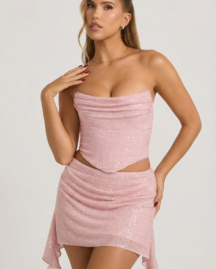 Lavender Pink Embellished Draped Mid-Rise Mini Skirt