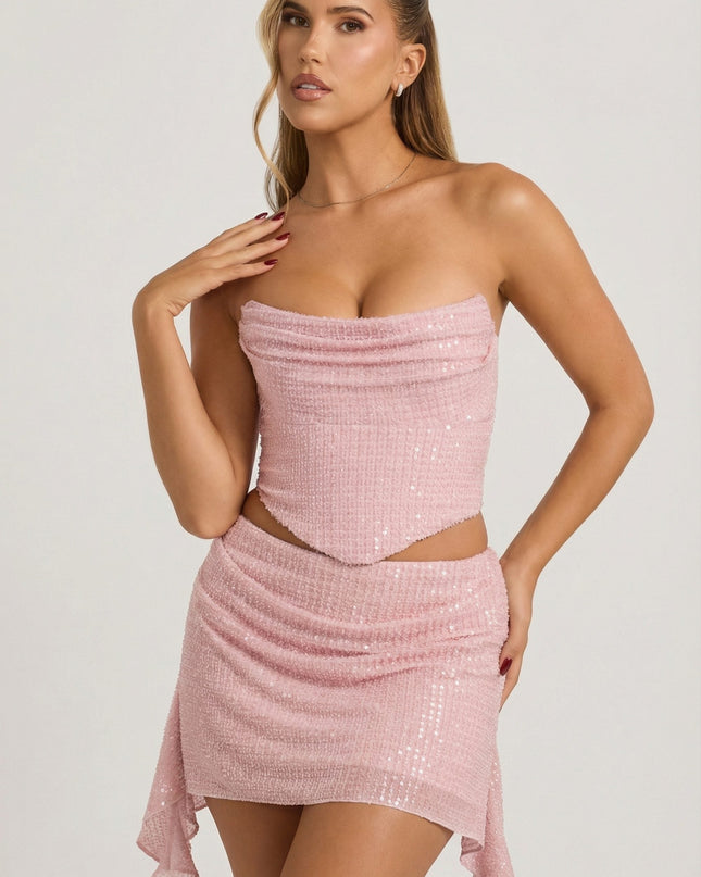 Lavender Pink Embellished Draped Mid-Rise Mini Skirt