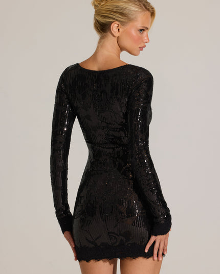 Black Embellished Lace-Trim Long-Sleeve Mini Dress
