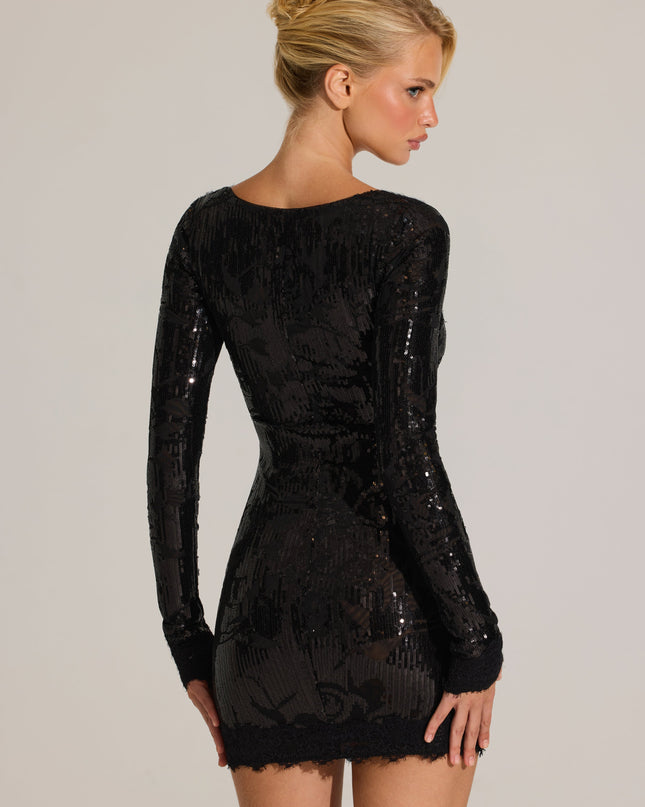 Black Embellished Lace-Trim Long-Sleeve Mini Dress